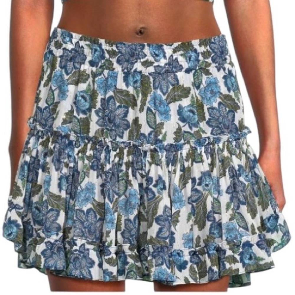 Smocked Mini Skirt by Misa Los Angeles - Floral Chiffon Blue Marion. Size M - Picture 3 of 9
